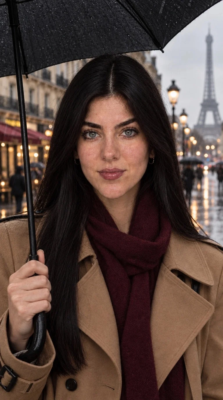 The Chic French Club host with an umbrella on a rainy Paris street, The Chic French Note